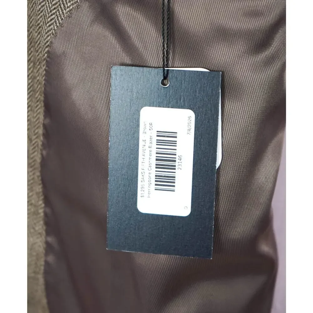 $1,295 SAKS 5TH AVE - Brown Herringbone Cashmere Blazer - 50R